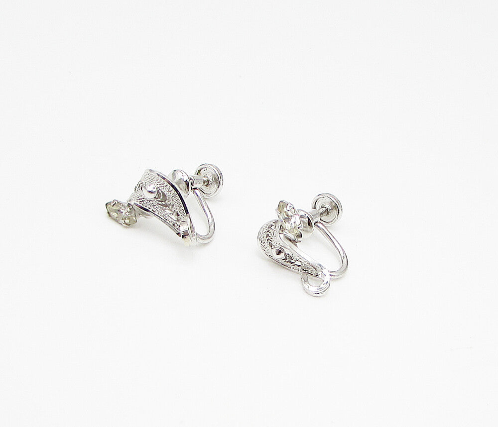 925 Silver  Cubic Zirconia Laced Leaf Non Pierced Screw Back Earrings  EG1853