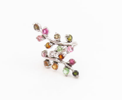 925 Sterling Silver Vintage Ring Multi Gemstone Bypass Leaf Branch Sz 9 RG34289
