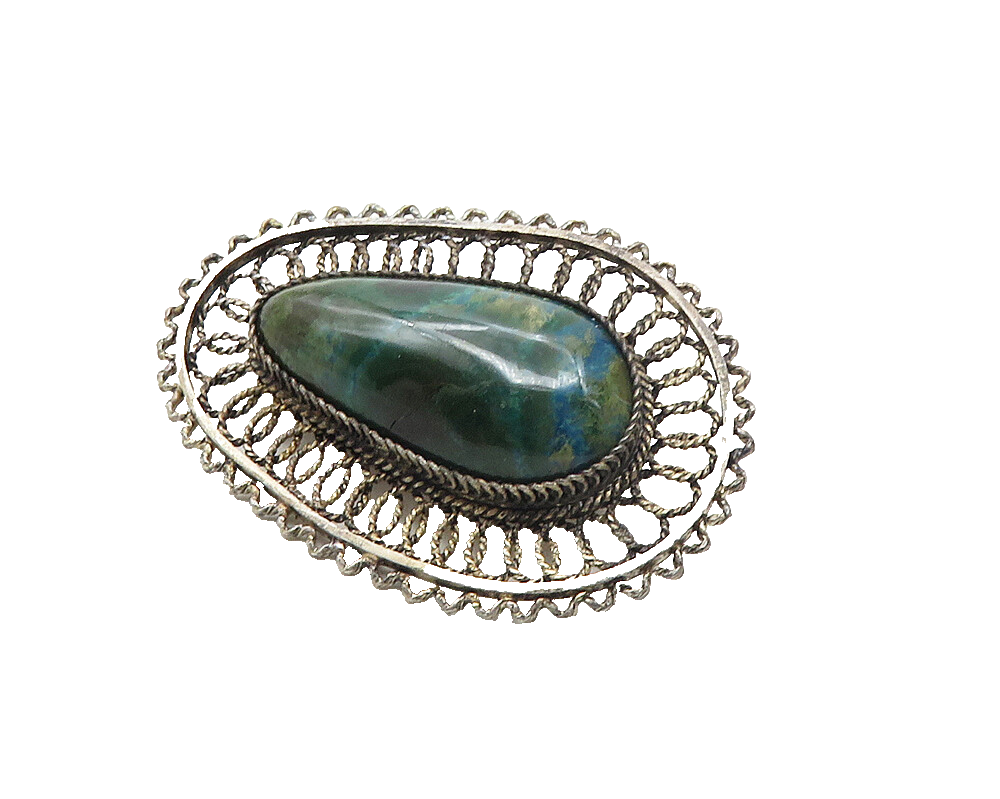 ISRAEL 925 Sterling Silver  Vintage Cabochon Cut Eilat Stone Brooch Pin BP3913