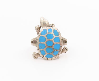 925 Sterling Silver Vintage Ring Gemstone Inlay Turtle Moves  Sz 6.5  RG33179