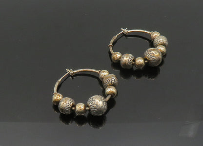 SOUTHWESTERN 925 Silver Vintage Dark Tone Floral Beaded Hoop Earrings EG10403