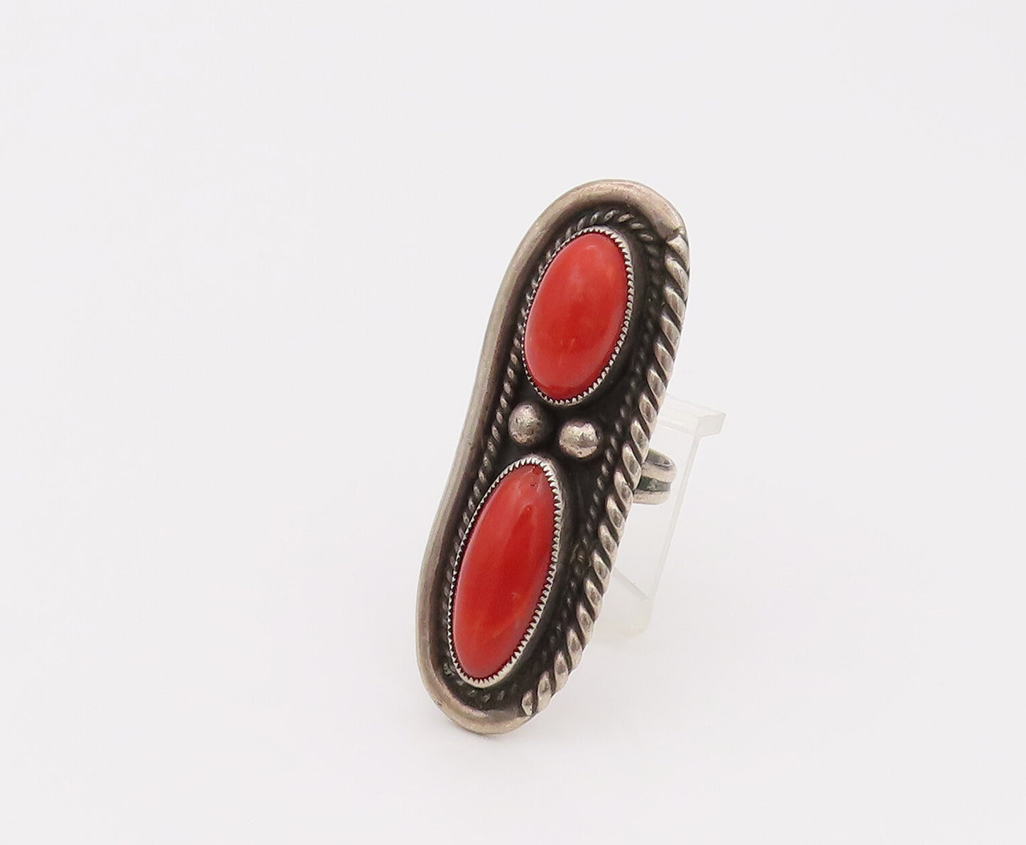 NAVAJO 925 Sterling Silver Vintage Oblong Red Turquoise Ring Sz 5  RG26546
