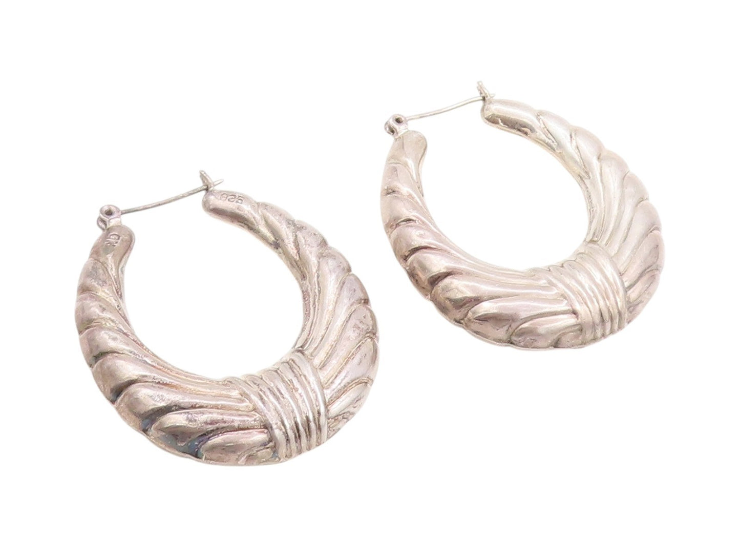 925 Sterling Silver Vintage Earrings Designer Puffed Grooved Hoops  EG13661
