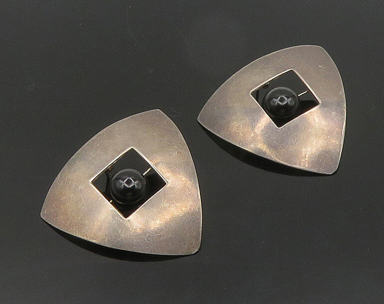 925 Sterling Silver  Vintage Black Onyx Modernist Drop Earrings  EG9391