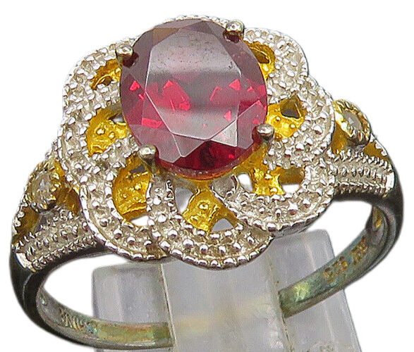 925 Silver  Vintage Two Tone Garnet & Topaz Floral Swirl Ring Sz 10  RG25309