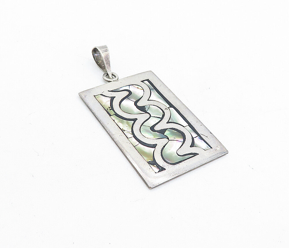 925 Sterling Silver  Vintage Abalone Shell Swirl Inlay Square Pendant  PT3545