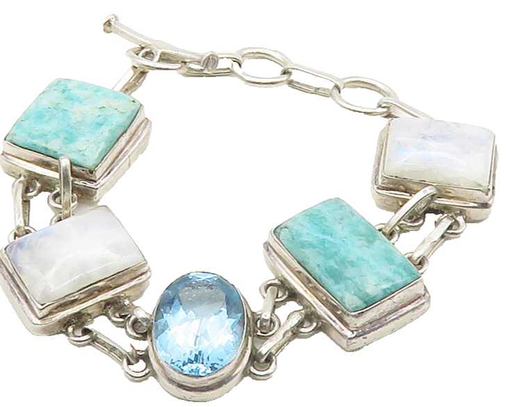 925 Sterling Silver  Shiny Turquoise Topaz & Moonstone Chain Bracelet  BT6487