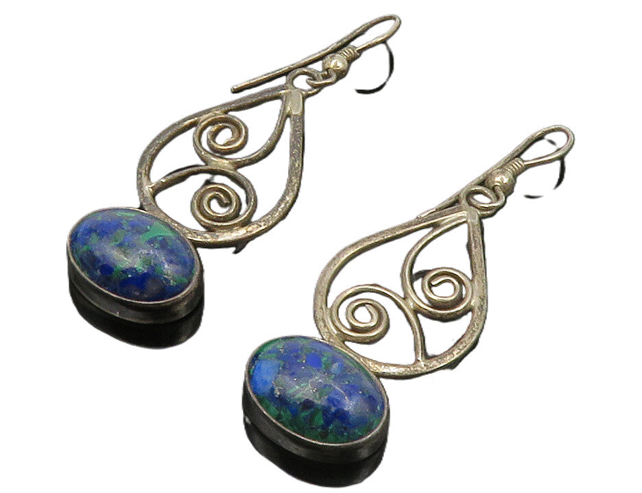 925 Sterling Silver  Vintage Cabochon Cut Azurite Swirl Drop Earrings  EG7168