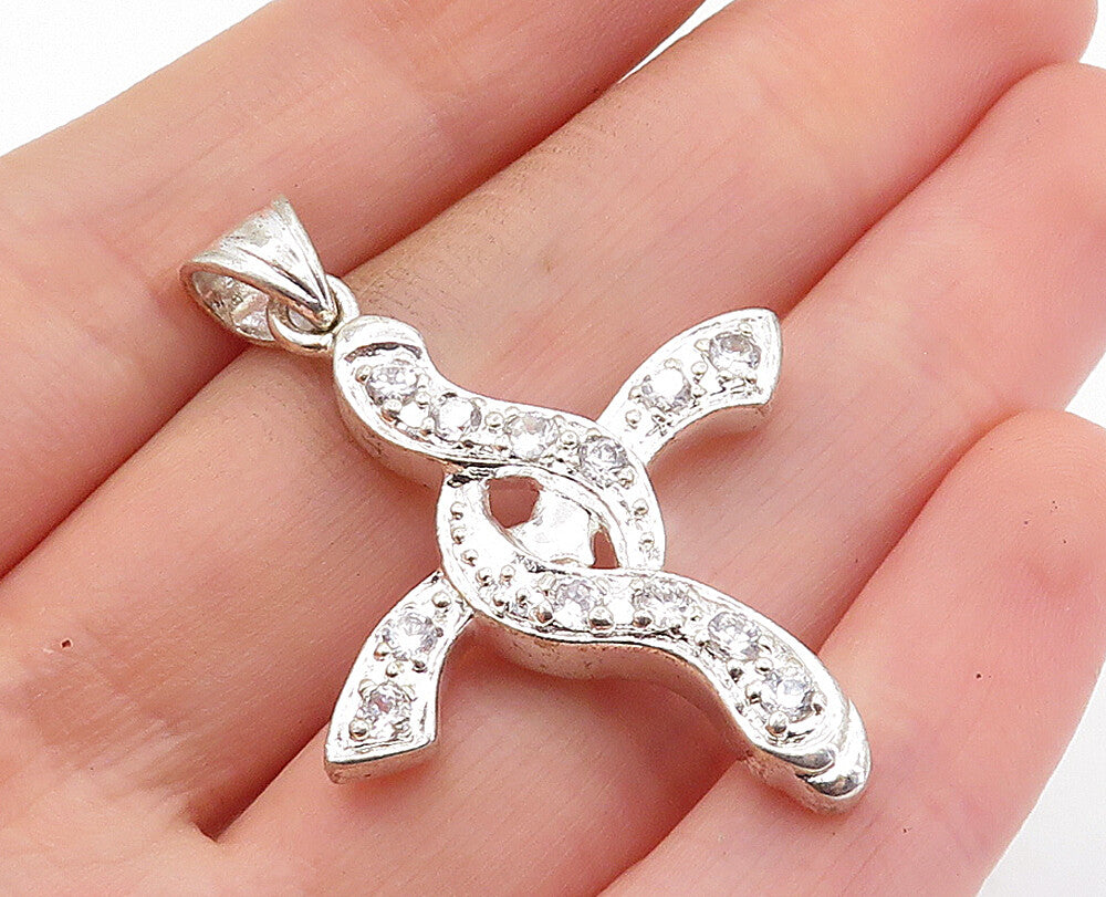 925 Sterling Silver  Shiny Topaz Swirl Religious Cross Drop Pendant  PT4636