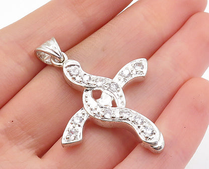 925 Sterling Silver  Shiny Topaz Swirl Religious Cross Drop Pendant  PT4636