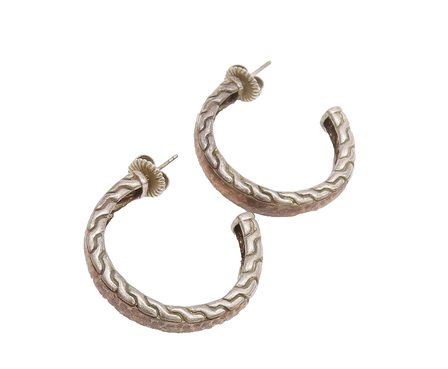 925 Sterling Silver  Vintage Modernist Step Carved Open Hoop Earrings  EG12503