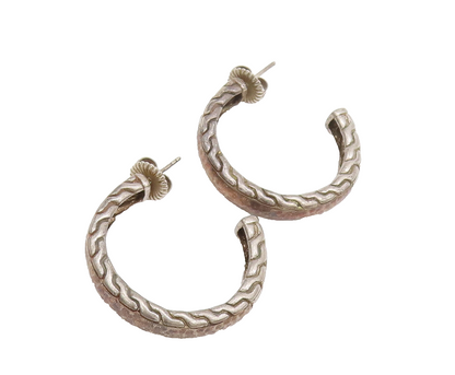 925 Sterling Silver  Vintage Modernist Step Carved Open Hoop Earrings  EG12503