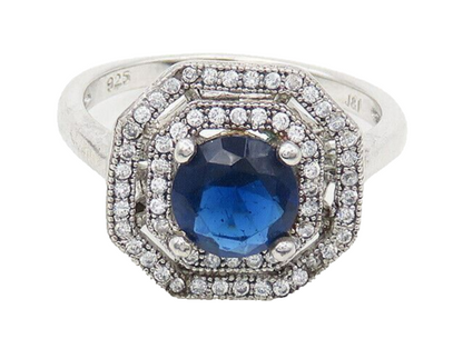 IAN GIBSON 925 Silver  Blue & White Topaz Octagon Band Ring Sz 7  RG18250