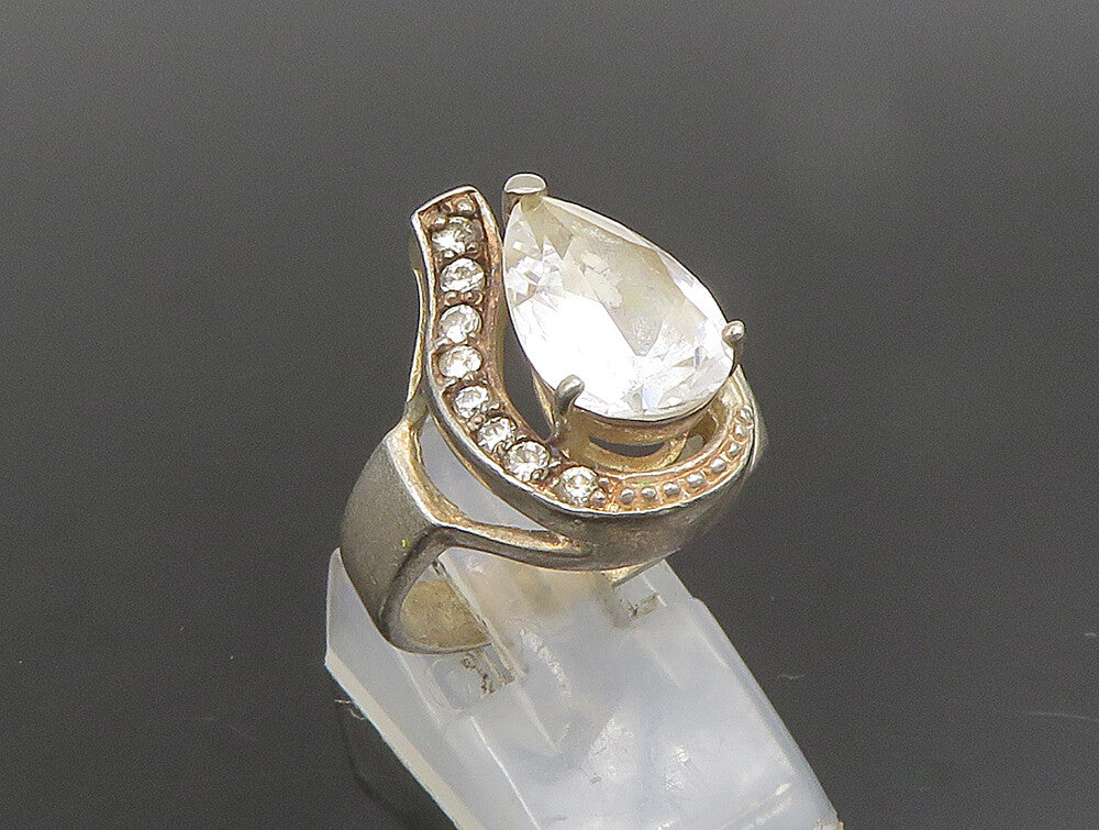 925 Silver  Vintage Pear Shaped Cubic Zirconia Half Halo Ring Sz 7.5  RG25165
