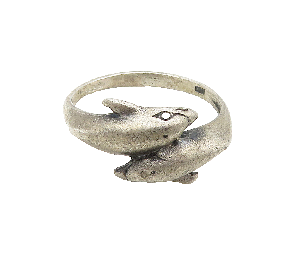 925 Sterling Silver  Vintage Dark Tone Dolphin Bypass Band Ring Sz 6  RG15887