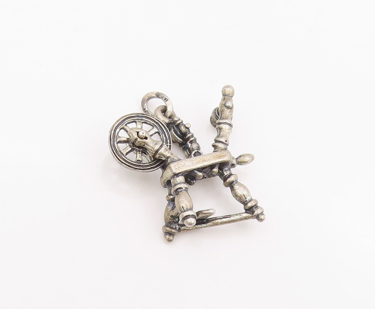 925 Sterling Silver Vintage Pendant BEAU Retro Sewing Spinning Wheel  PT25676