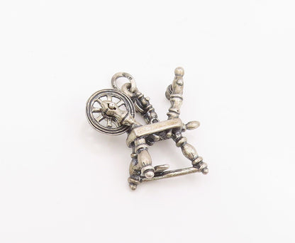 925 Sterling Silver Vintage Pendant BEAU Retro Sewing Spinning Wheel  PT25676