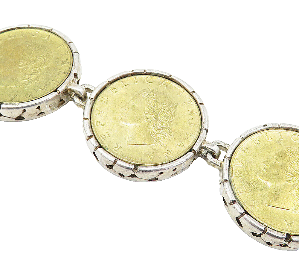 925 Sterling Silver  Vintage Two Tone Italian Coin Link Chain Bracelet  BT2537