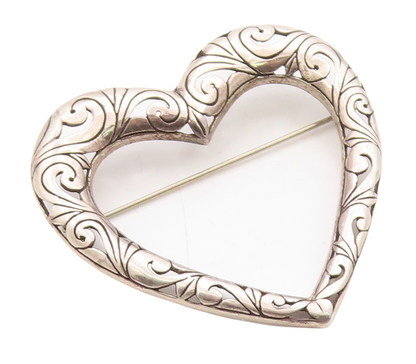925 Sterling Silver Vintage Brooch Pin Designer Swirly Carved Heart  BP11289