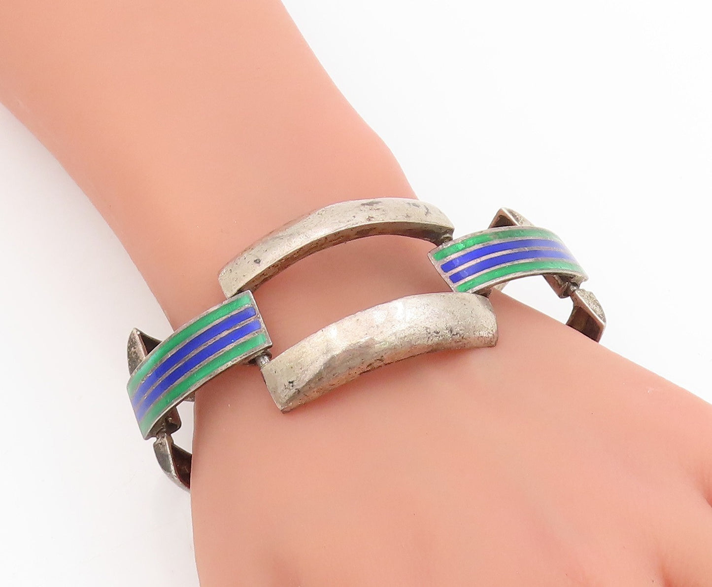 925 Sterling Silver Vintage Bracelet EUROPE Enamel Striped Panel Link  BT11522
