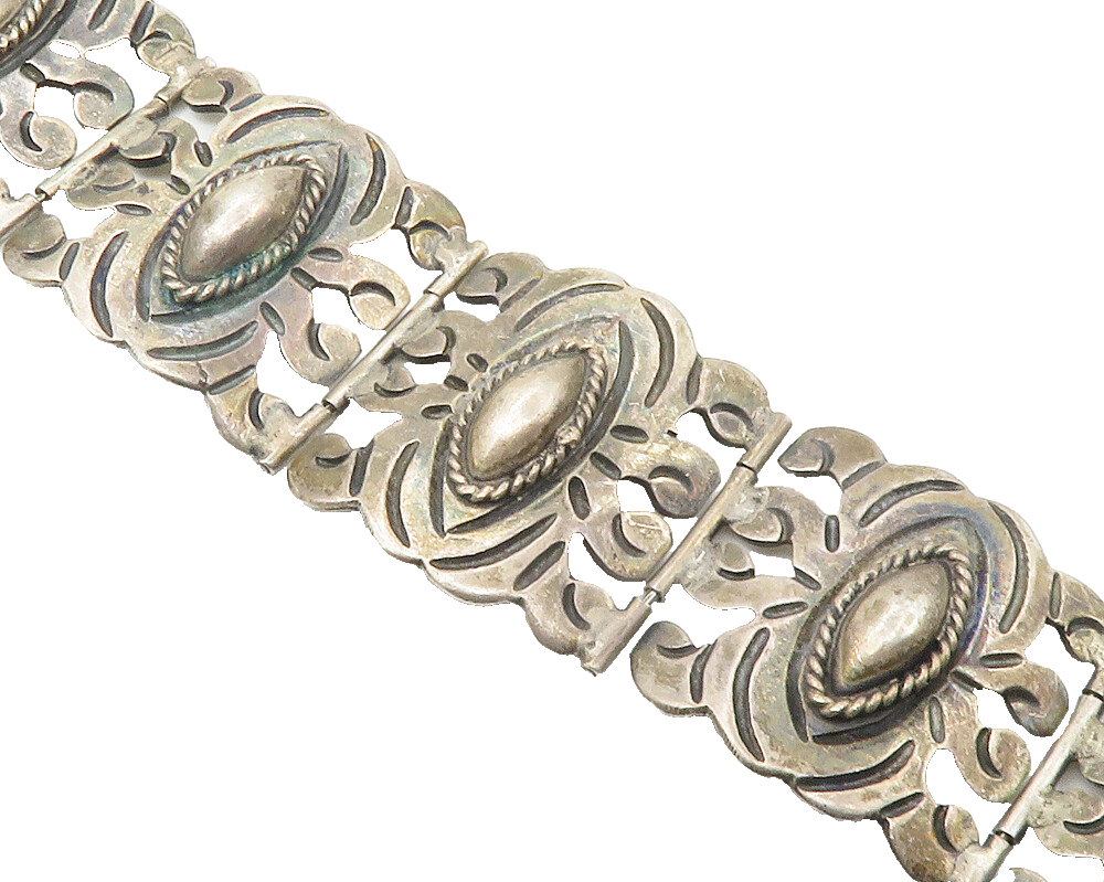 925 Sterling Silver  Vintage Antique Cutout Design Panel Chain Bracelet BT5628