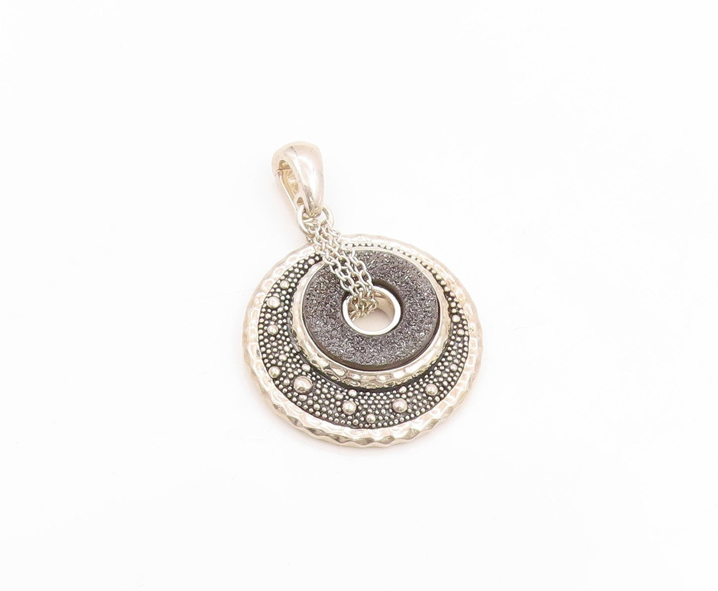 925 Sterling Silver Vintage Pendant MICHAEL DAWKINS Drusy Quartz Medal  PT25802
