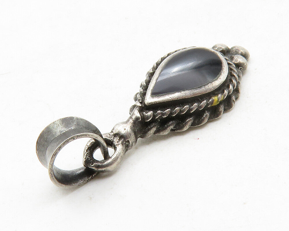 925 Sterling Silver  Vintage Black Onyx Tear Drop Twist Drop Pendant  PT10015