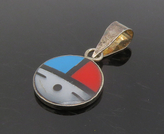 ZUNI 925 Silver  Vintage Mother Of Pearl Turquoise & Coral Pendant  PT11451