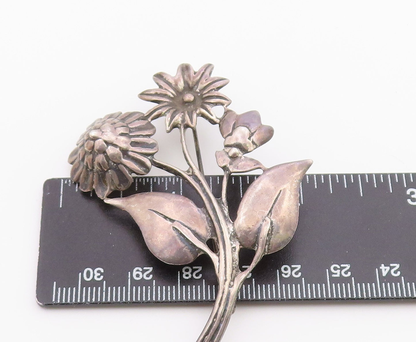 925 Sterling Silver Vintage Antique Carved Flowers With Stem Brooch Pin BP9574