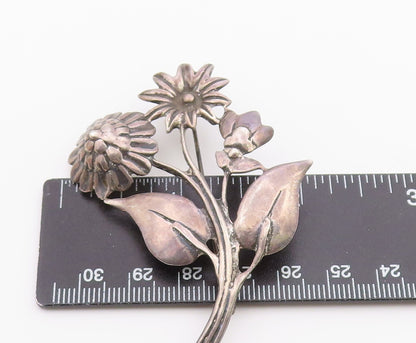 925 Sterling Silver Vintage Antique Carved Flowers With Stem Brooch Pin BP9574