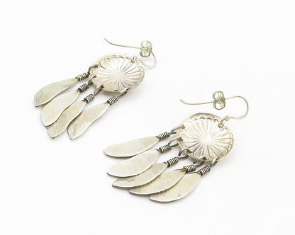 SOUTHWESTERN 925 Silver  Vintage Floral Feathers Motif Dangle Earrings  EG7108