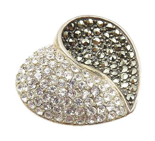 925 Sterling Silver  Vintage Cubic Zirconia & Marcasite Heart Pendant  PT7137