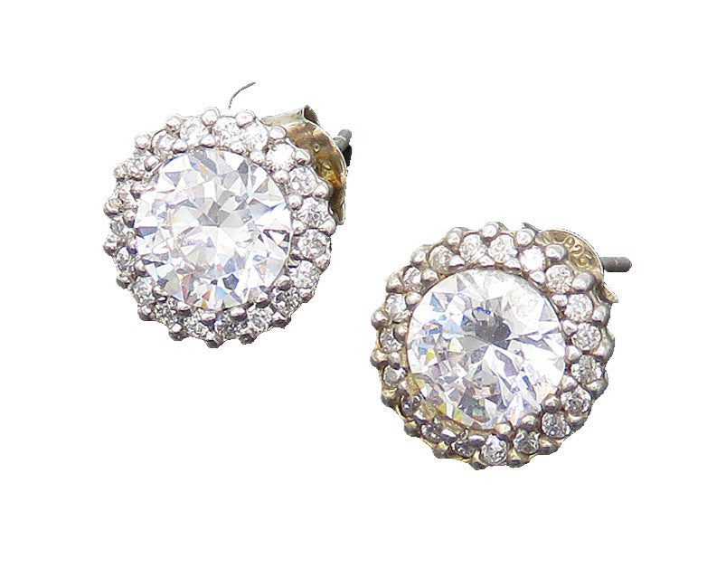 925 Sterling Silver  Vintage Cubic Zirconia Round Cut Stud Earrings  EG11495