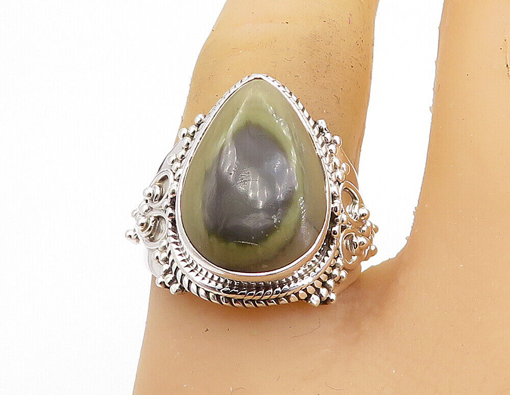 925 Sterling Silver  Cabochon Cut Agate Tear Drop Cocktail Ring Sz 8  RG7897