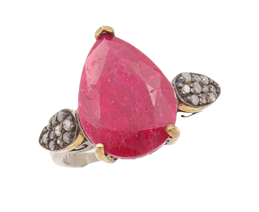 925 Sterling Silver Vintage Ring Diamonds & Drop Cut Red Gemstone  Sz 7  RG30299