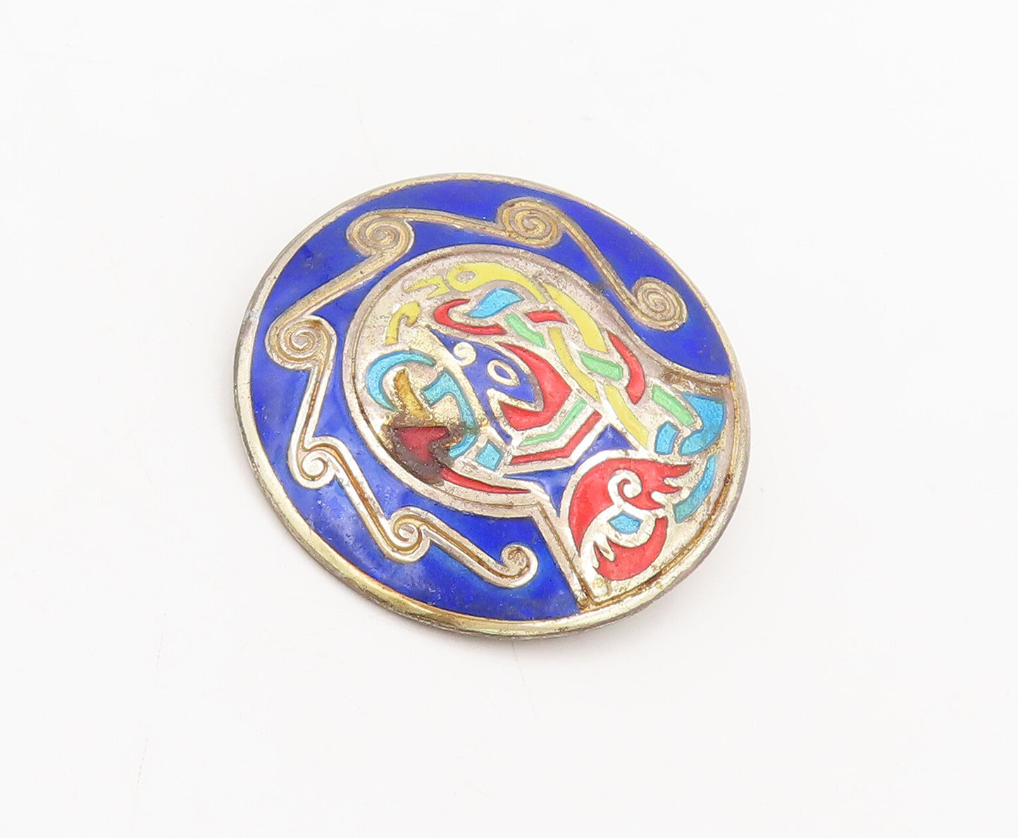 EUROPE 925 Sterling Silver  Vintage Swirly Enameled Round Brooch Pin  BP10463