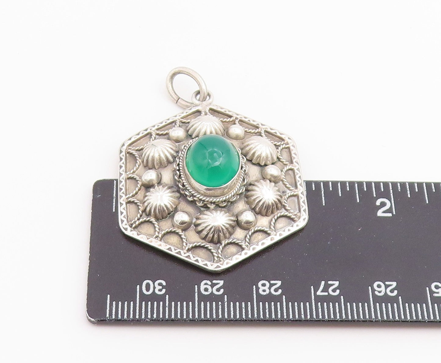 925 Sterling Silver Vintage Pendant Chalcedony Geometric Hexagon Charm  PT26532