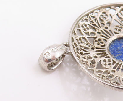 925 Sterling Silver Vintage Pendant Lapis Lazuli Intricate Openwork  PT26110