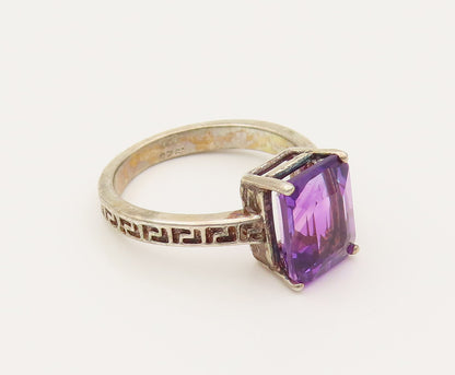 925 Silver  Vintage Rectangle Amethyst Greek Key Shank Ring Sz 7  RG26485