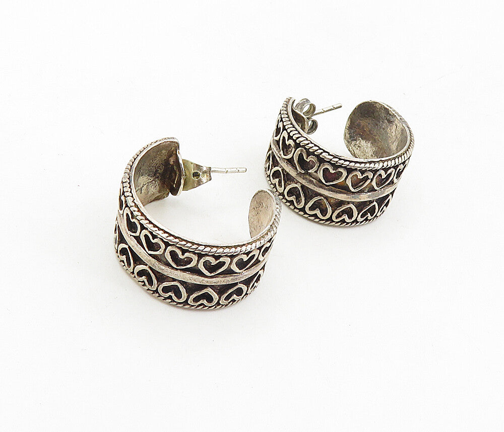 925 Sterling Silver  Vintage Love Heart Patterned JHoop Earrings  EG4529