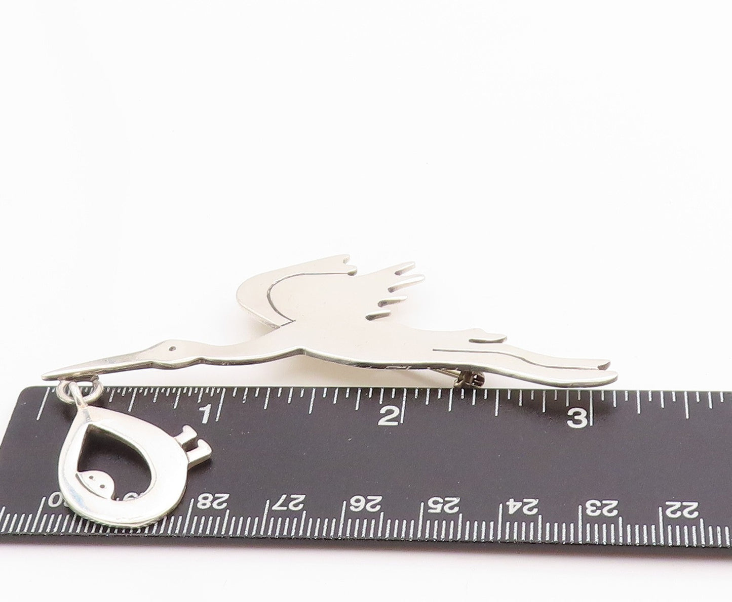 925 Sterling Silver Vintage Brooch MEXICO Stork Delivering Baby Story  BP11713