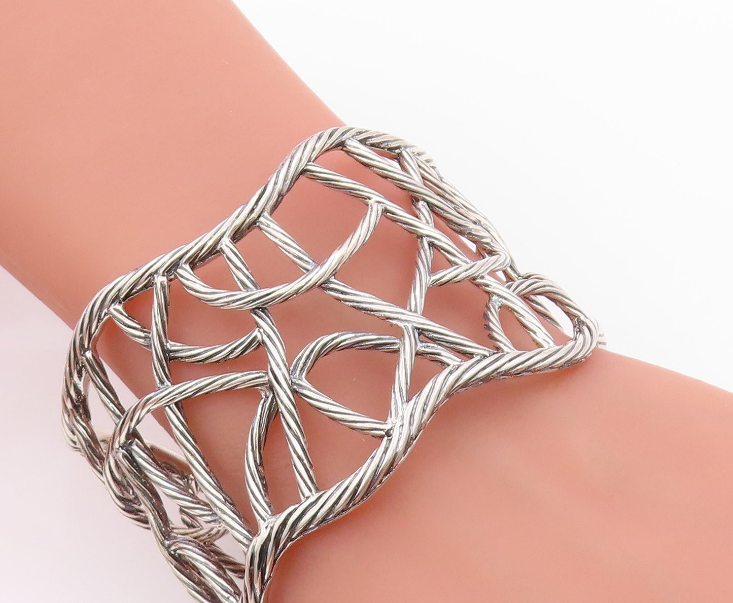 925 Sterling Silver Vintage Bracelet Cutout Twisted Ropes Woven Cuff  BT11358