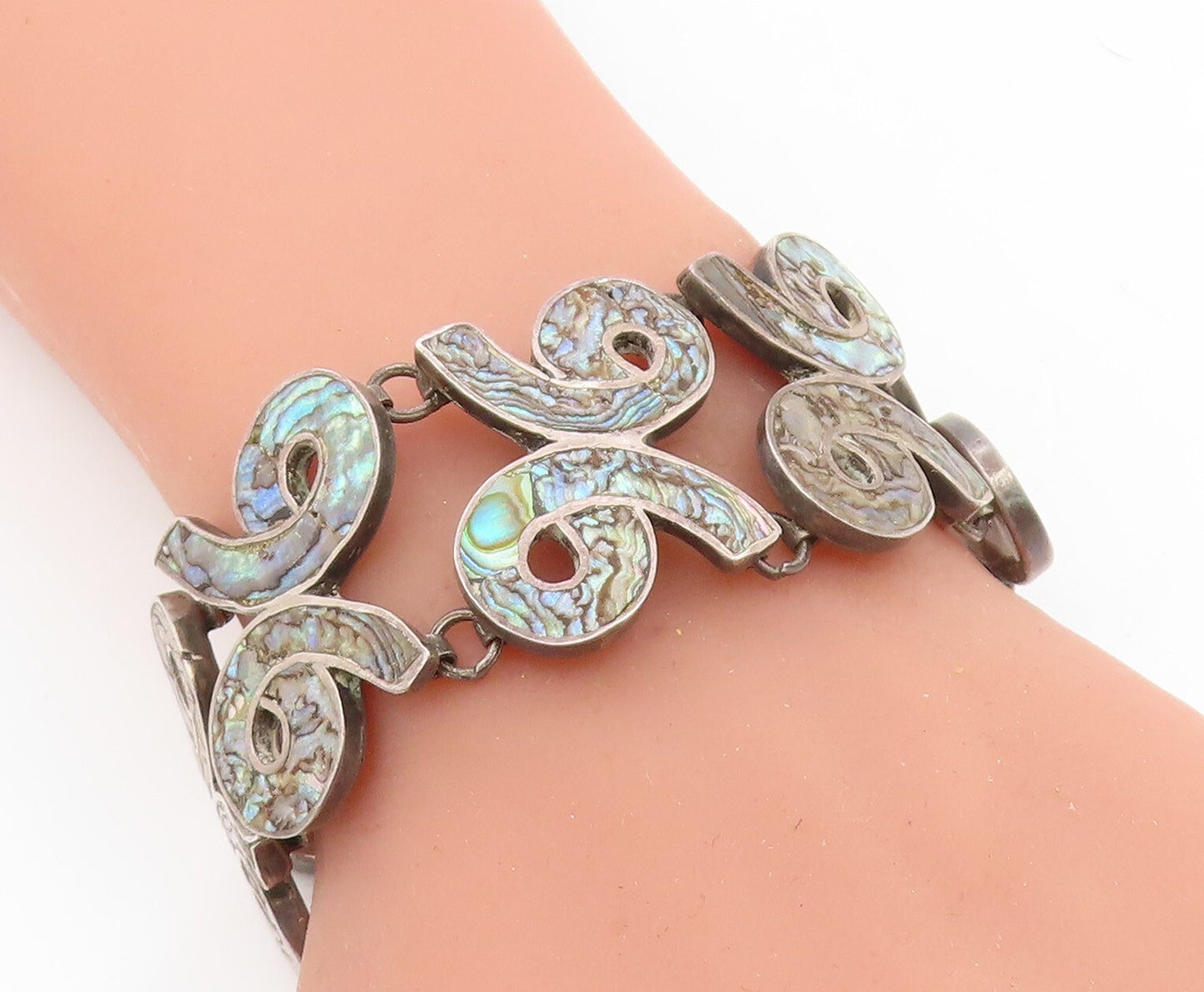 MEXICO 925 Silver Vintage Inlaid Abalone Shell 96 Link Chain Bracelet BT2975