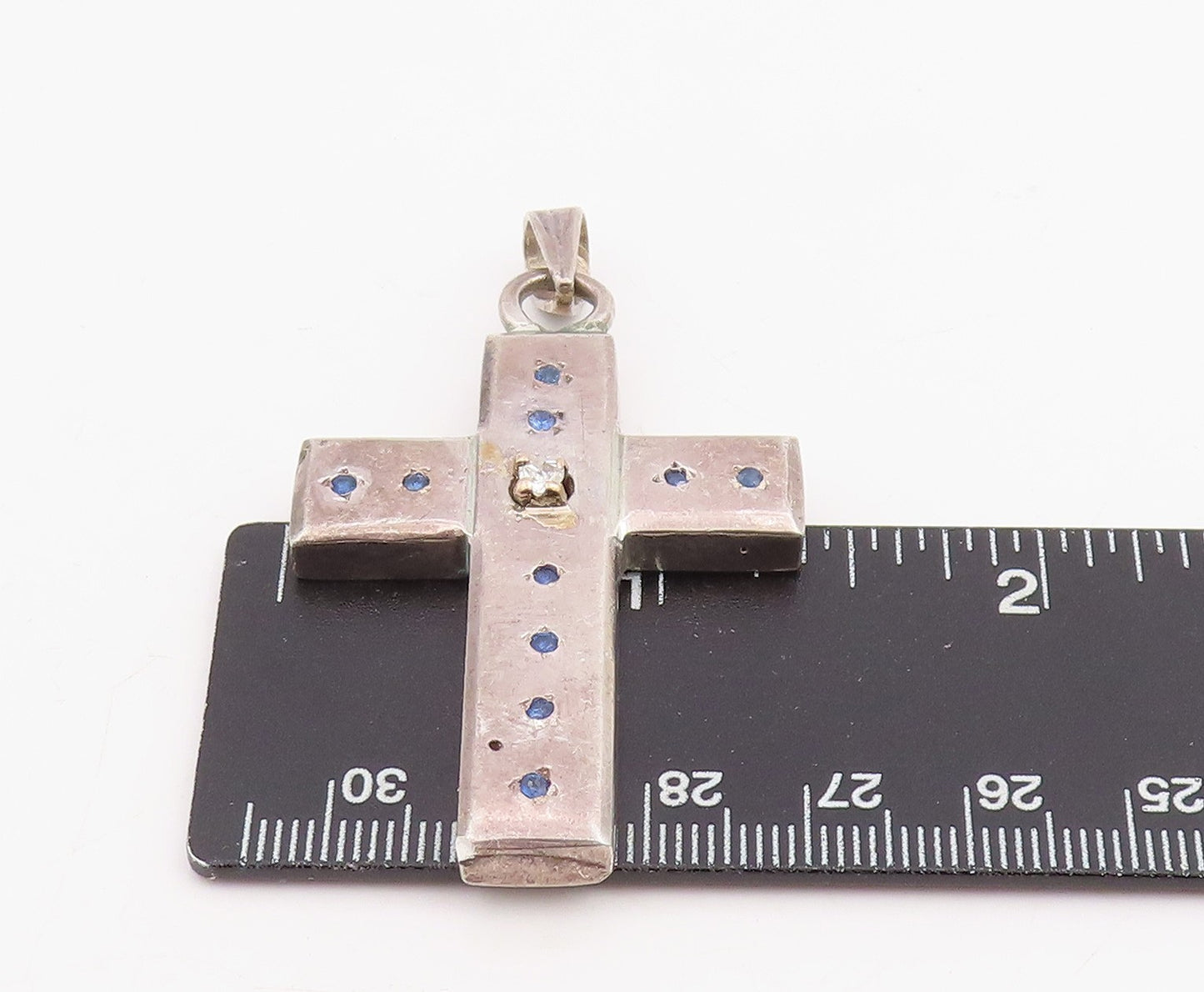 925 Sterling Silver Vintage Pendant Real Diamond & Sapphire Holy Cross  PT25878