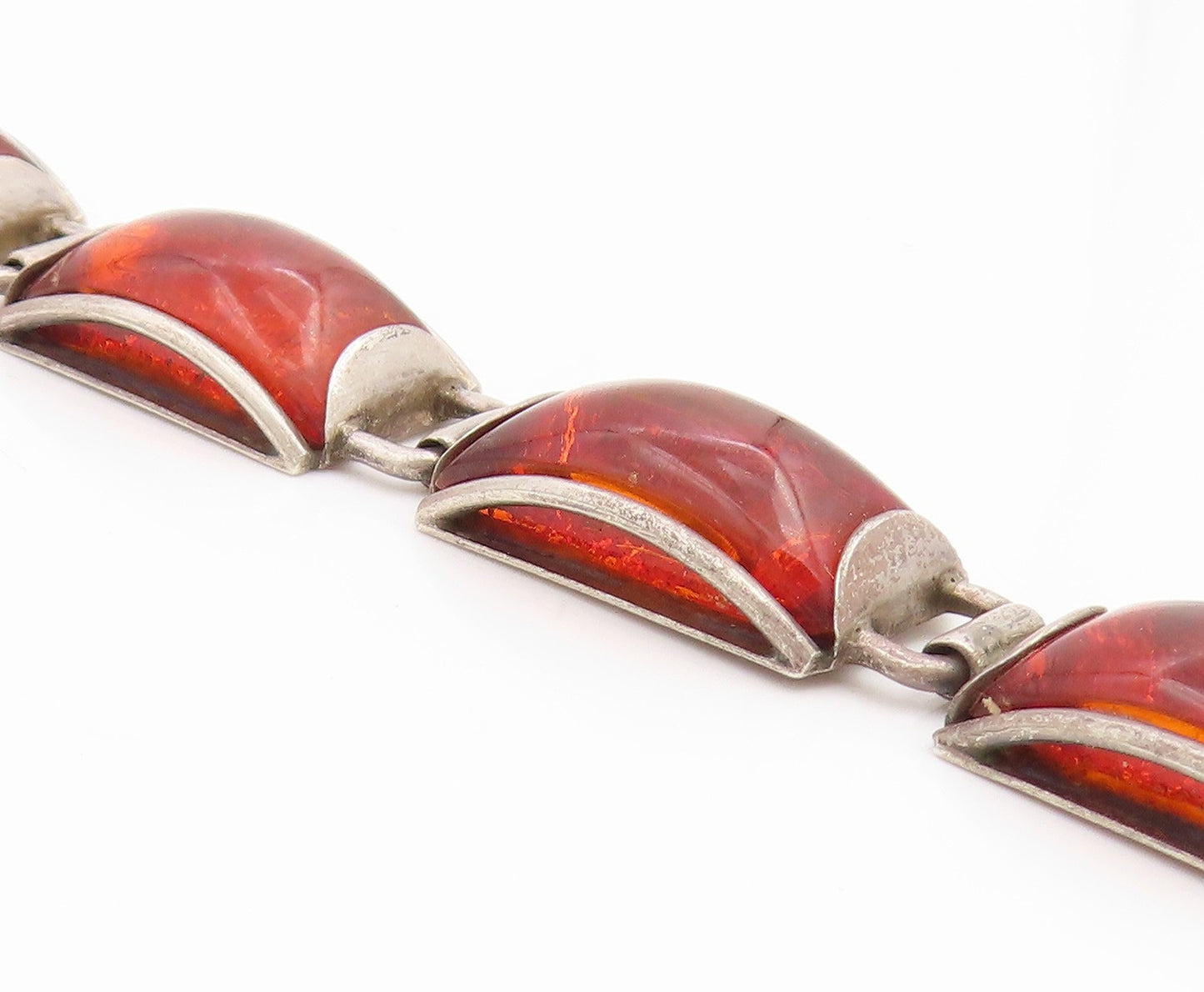 925 Sterling Silver Vintage Bracelet Classic Honey Amber Geometric Link  BT11851