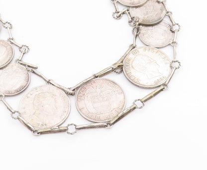 Solid Silver Vintage Necklace Columbia Centavos Long Coin Panel Link  NE4727