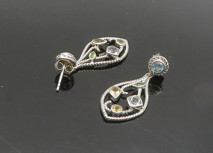 925 Silver  Vintage Shiny Topaz Peridot & Citrine Dangle Earrings  EG9799