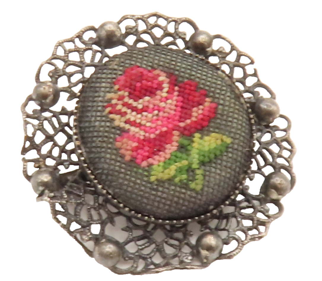 925 Silver  Vintage Beaded & Openwork Knitted Rose Flower Brooch Pin  BP10096