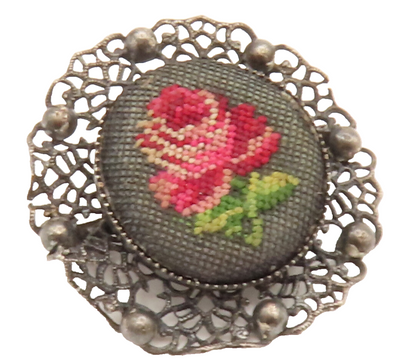 925 Silver  Vintage Beaded & Openwork Knitted Rose Flower Brooch Pin  BP10096