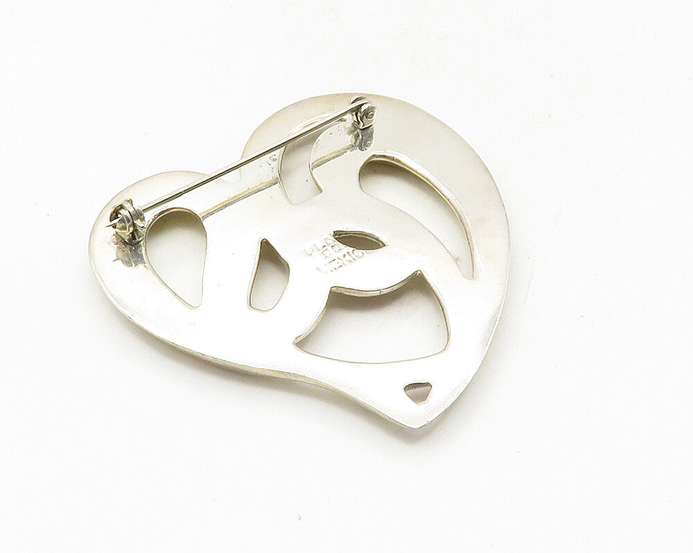 MEXICO 925 Sterling Silver  Vintage Shiny Swirl Love Heart Brooch Pin  BP3616